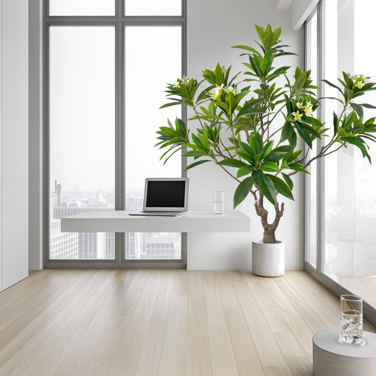 Artificial PlumeriaTree with White Flowers, 7 ft Tall, Potted Plumeria Plant for Indoor Office Living Room Bedroom Garden