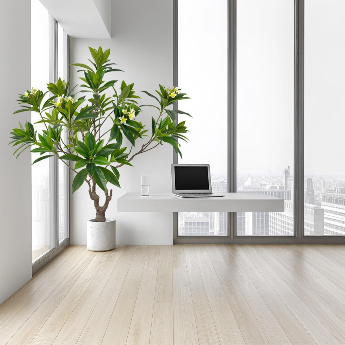Artificial PlumeriaTree with White Flowers, 7 ft Tall, Potted Plumeria Plant for Indoor Office Living Room Bedroom Garden