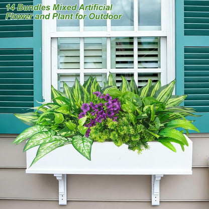 Tall Artificial Greenery Plants Outdoor Faux Hanging Ferns,10Bundles Faux Shrubs Fake Monstera Palm Boston Fern Plants for Outdoor Planters, Realistic UV Resistant Tropical Leaves for Garden