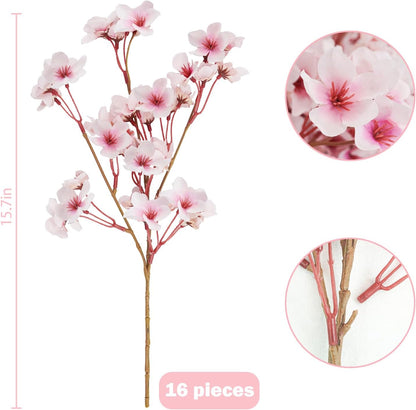 16 Pcs Artificial Silk Cherry Blossom Branches 15.7in for Vase ,Pink Peach