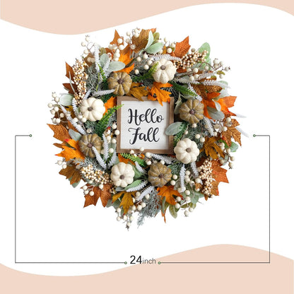 20" Harvest Fall Wreath for Front Door,Pumpkins Berries Autumn Wreaths