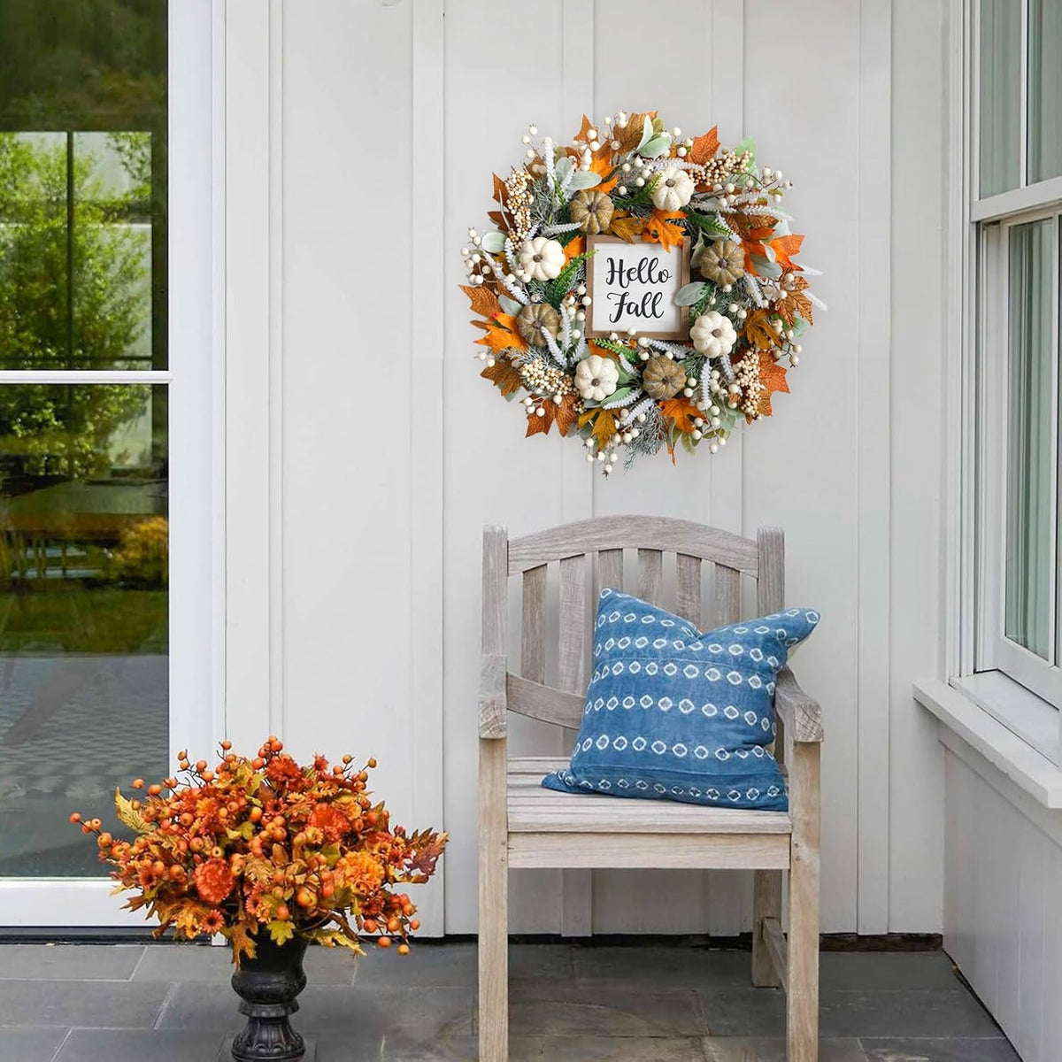 20" Harvest Fall Wreath for Front Door,Pumpkins Berries Autumn Wreaths