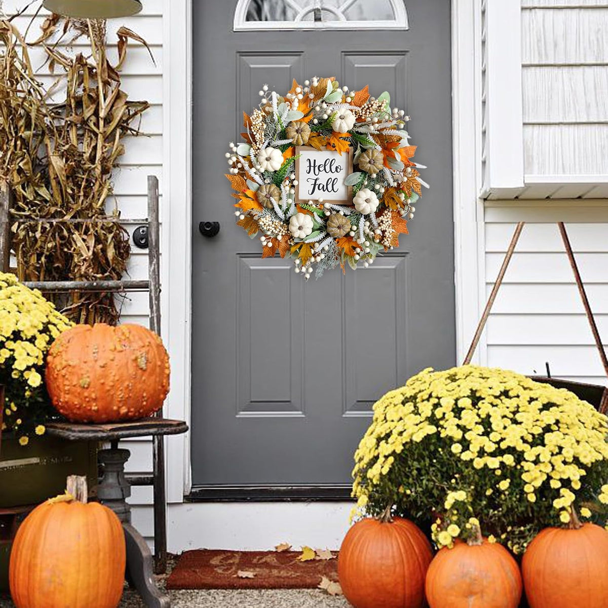 20" Harvest Fall Wreath for Front Door,Pumpkins Berries Autumn Wreaths