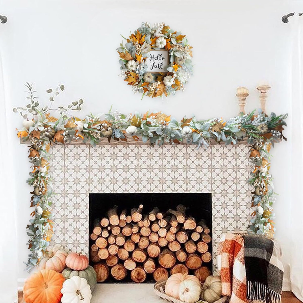 20" Harvest Fall Wreath for Front Door,Pumpkins Berries Autumn Wreaths