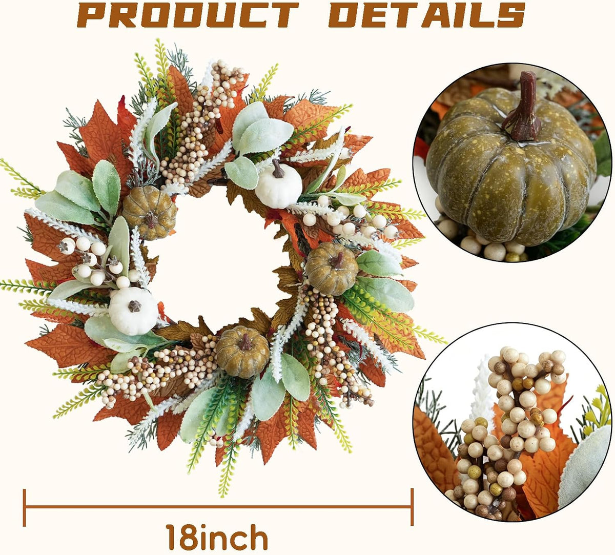 20" Harvest Fall Wreath for Front Door,Pumpkins Berries Autumn Wreaths
