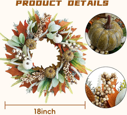 20" Harvest Fall Wreath for Front Door,Pumpkins Berries Autumn Wreaths