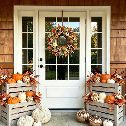 20" Harvest Fall Wreath for Front Door,Pumpkins Berries Autumn Wreaths