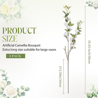 6 Pack 35" Artificial Camellia Flowers Bouquet White Faux Camellia Plants Simulated Realistic White Silk Flowers for Table Decorations, Weddings, Home, Office Decor