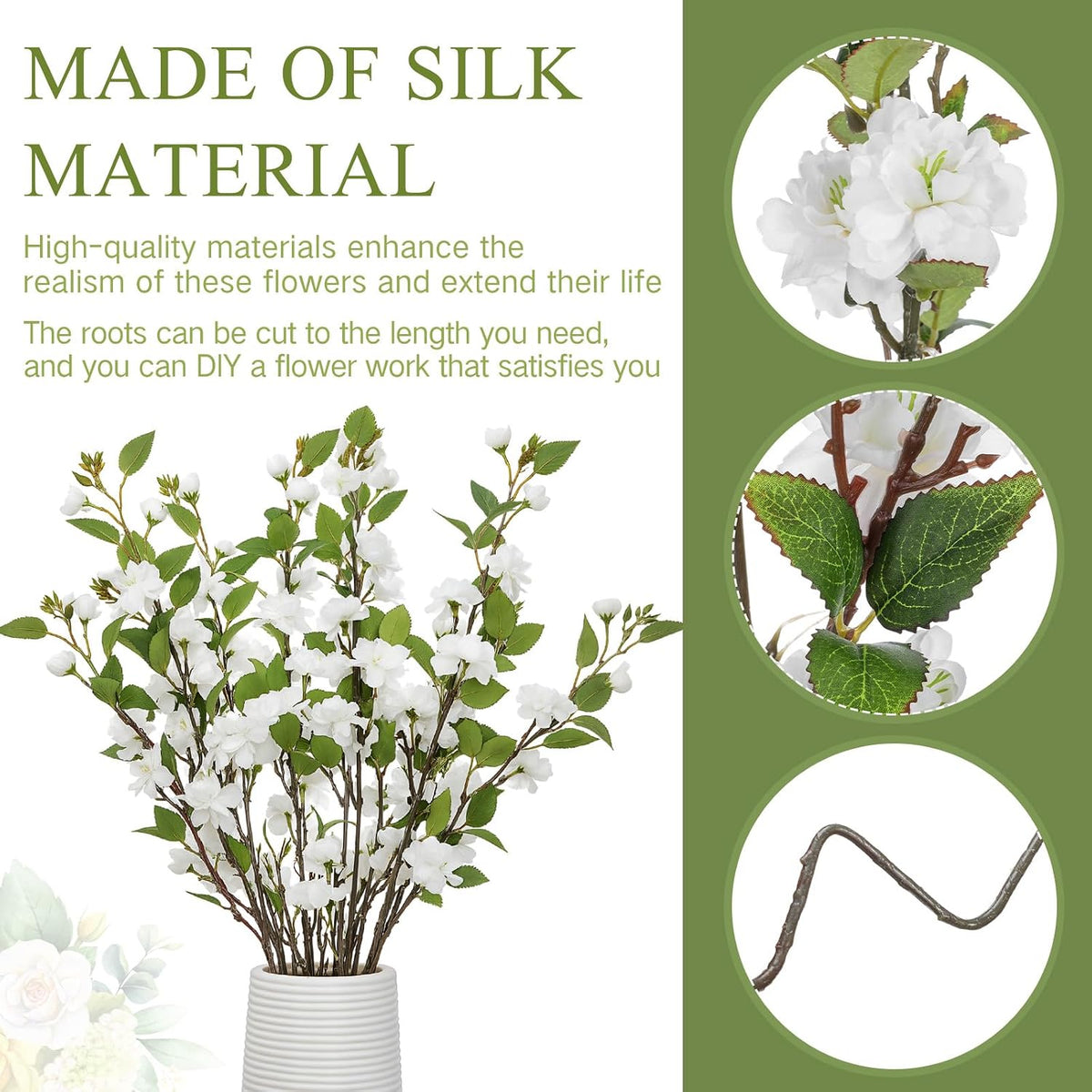 6 Pack 35" Artificial Camellia Flowers Bouquet White Faux Camellia Plants Simulated Realistic White Silk Flowers for Table Decorations, Weddings, Home, Office Decor