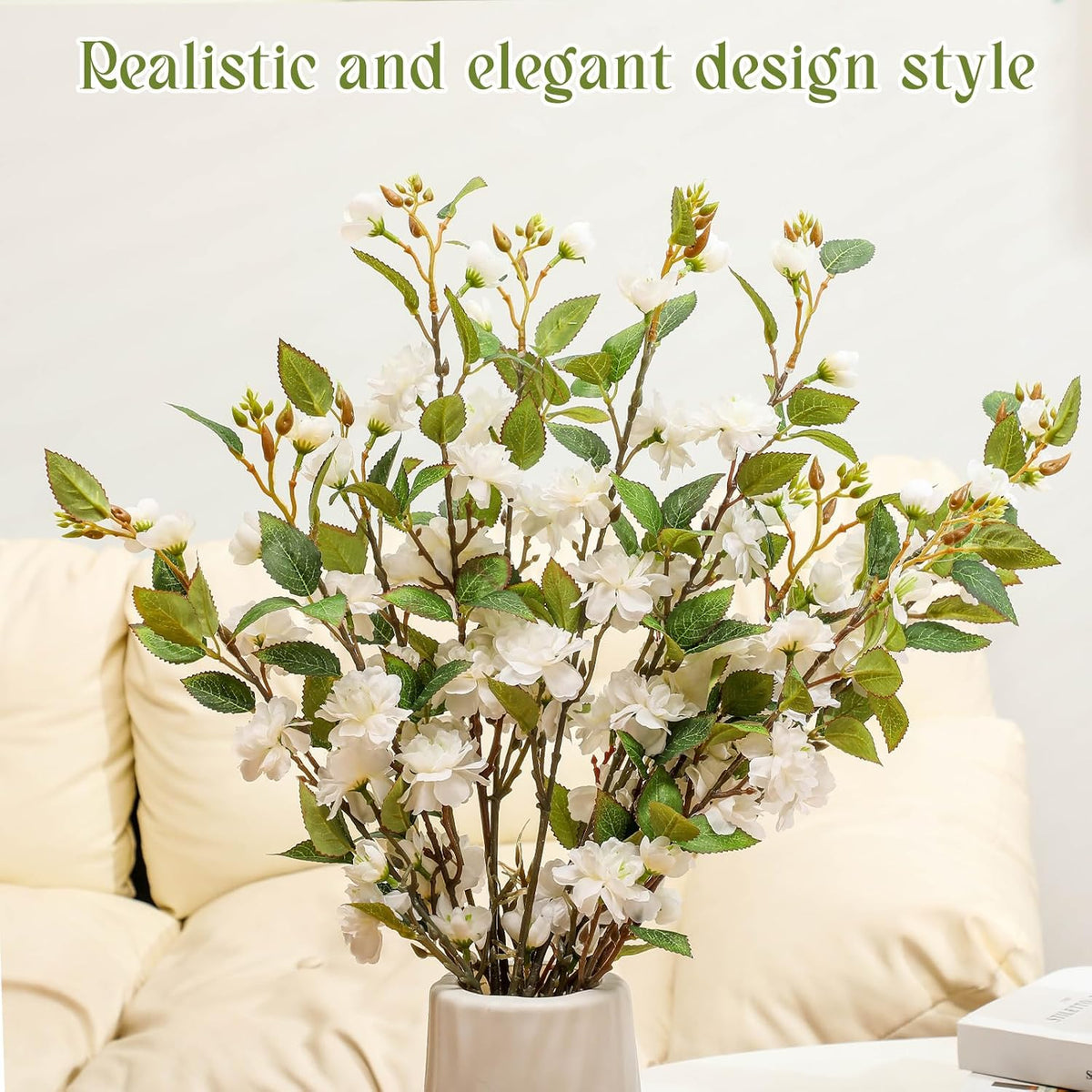 6 Pack 35" Artificial Camellia Flowers Bouquet White Faux Camellia Plants Simulated Realistic White Silk Flowers for Table Decorations, Weddings, Home, Office Decor