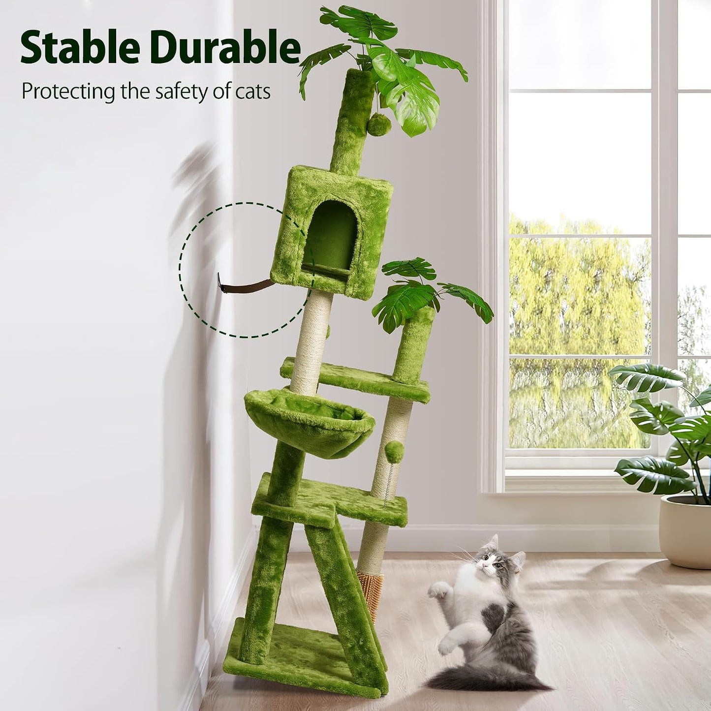 65in Tall Cat Tree with Leaves for Indoor Cats, Green Cat Tower with Scratching Post,Hanging Hammock,Cozy Perch,Swing Ball,Self Groomer and Cat Ladder,Cat Tree Tower