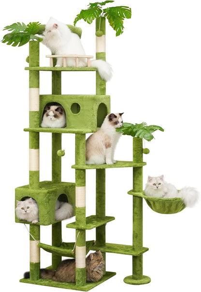 65in Tall Cat Tree with Leaves for Indoor Cats, Green Cat Tower with Scratching Post,Hanging Hammock,Cozy Perch,Swing Ball,Self Groomer and Cat Ladder,Cat Tree Tower