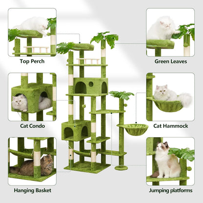 65in Tall Cat Tree with Leaves for Indoor Cats, Green Cat Tower with Scratching Post,Hanging Hammock,Cozy Perch,Swing Ball,Self Groomer and Cat Ladder,Cat Tree Tower