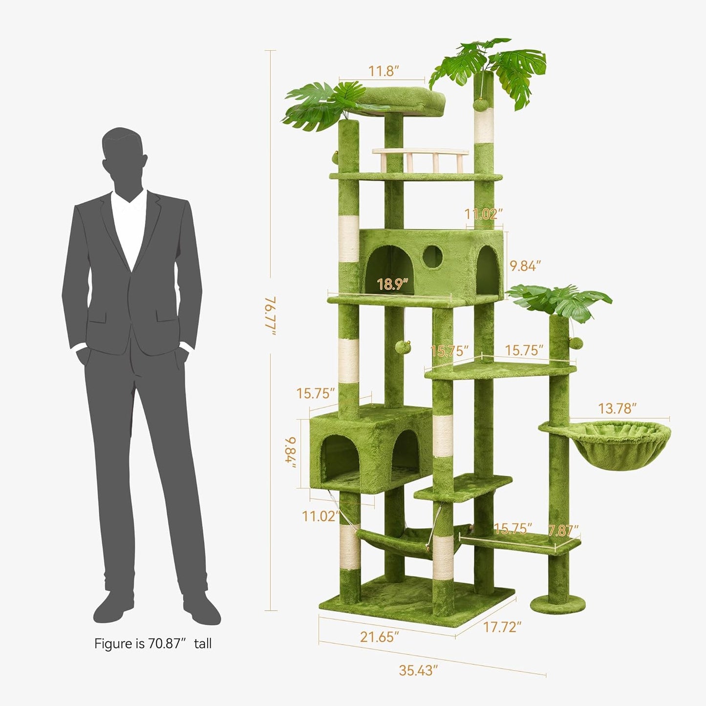 65in Tall Cat Tree with Leaves for Indoor Cats, Green Cat Tower with Scratching Post,Hanging Hammock,Cozy Perch,Swing Ball,Self Groomer and Cat Ladder,Cat Tree Tower