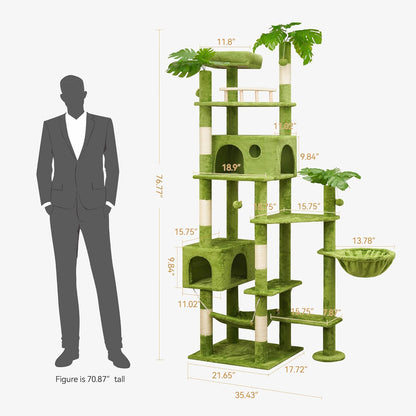 65in Tall Cat Tree with Leaves for Indoor Cats, Green Cat Tower with Scratching Post,Hanging Hammock,Cozy Perch,Swing Ball,Self Groomer and Cat Ladder,Cat Tree Tower