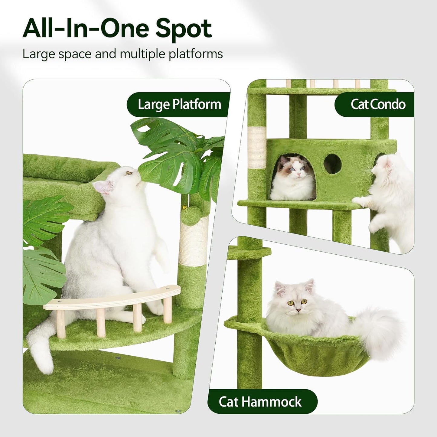 65in Tall Cat Tree with Leaves for Indoor Cats, Green Cat Tower with Scratching Post,Hanging Hammock,Cozy Perch,Swing Ball,Self Groomer and Cat Ladder,Cat Tree Tower