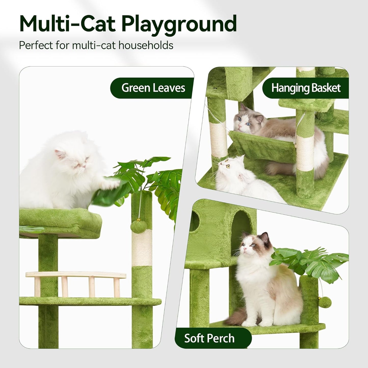 65in Tall Cat Tree with Leaves for Indoor Cats, Green Cat Tower with Scratching Post,Hanging Hammock,Cozy Perch,Swing Ball,Self Groomer and Cat Ladder,Cat Tree Tower