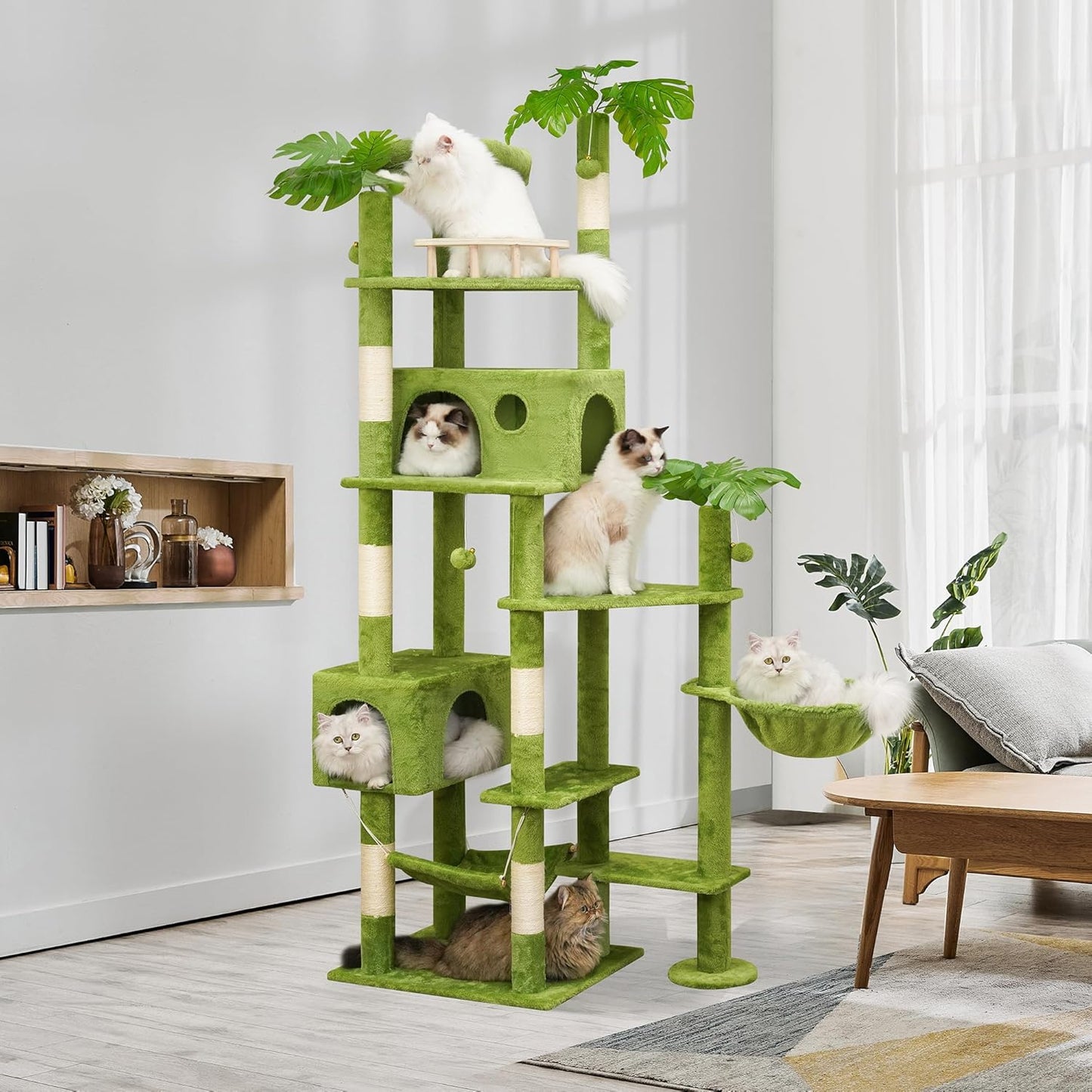 65in Tall Cat Tree with Leaves for Indoor Cats, Green Cat Tower with Scratching Post,Hanging Hammock,Cozy Perch,Swing Ball,Self Groomer and Cat Ladder,Cat Tree Tower