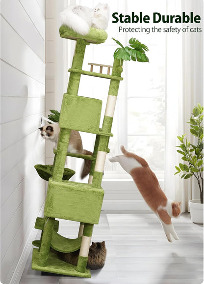 65in Tall Cat Tree with Leaves for Indoor Cats, Green Cat Tower with Scratching Post,Hanging Hammock,Cozy Perch,Swing Ball,Self Groomer and Cat Ladder,Cat Tree Tower