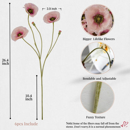 Artificial Poppy Flowers 26.4" - 6Pcs Faux Silk Poppy Stems with Ruffled Petals, Realistic Fake Flowers for Home Decor, Table Vase, Wedding Centerpieces (Pink)