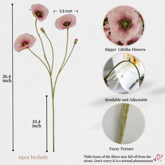 Artificial Poppy Flowers 26.4" - 6Pcs Faux Silk Poppy Stems with Ruffled Petals, Realistic Fake Flowers for Home Decor, Table Vase, Wedding Centerpieces (Pink)