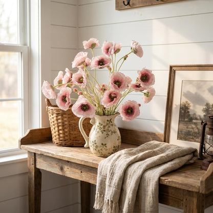 Artificial Poppy Flowers 26.4" - 6Pcs Faux Silk Poppy Stems with Ruffled Petals, Realistic Fake Flowers for Home Decor, Table Vase, Wedding Centerpieces (Pink)