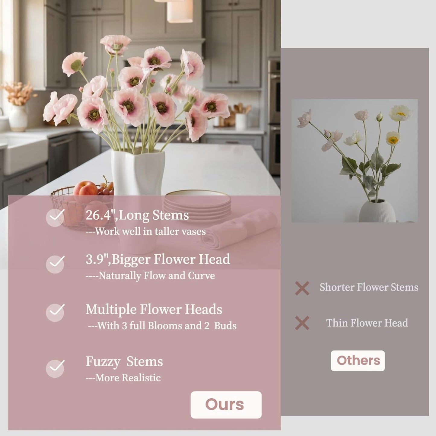 Artificial Poppy Flowers 26.4" - 6Pcs Faux Silk Poppy Stems with Ruffled Petals, Realistic Fake Flowers for Home Decor, Table Vase, Wedding Centerpieces (Pink)