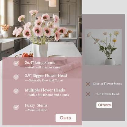 Artificial Poppy Flowers 26.4" - 6Pcs Faux Silk Poppy Stems with Ruffled Petals, Realistic Fake Flowers for Home Decor, Table Vase, Wedding Centerpieces (Pink)