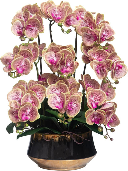 Orchids Artificial Flower Real Touch Fake Flowers in Large Ceramic Pot | 23.6 Inch White Orchid Large Faux Phalaenopsis Plant for Home Office Centerpiece Decor (9 Stems, Realistic Petals&Leaves)