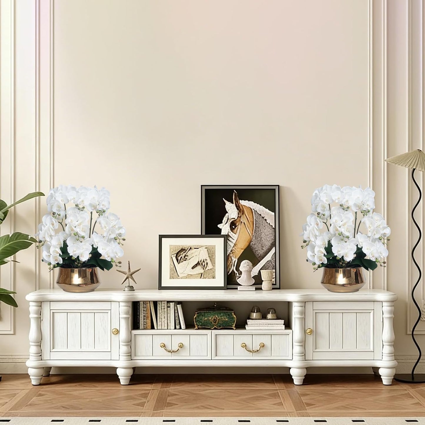 Orchids Artificial Flower Real Touch Fake Flowers in Large Ceramic Pot | 23.6 Inch White Orchid Large Faux Phalaenopsis Plant for Home Office Centerpiece Decor (9 Stems, Realistic Petals&Leaves)
