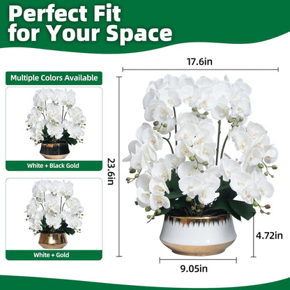 Orchids Artificial Flower Real Touch Fake Flowers in Large Ceramic Pot | 23.6 Inch White Orchid Large Faux Phalaenopsis Plant for Home Office Centerpiece Decor (9 Stems, Realistic Petals&Leaves)
