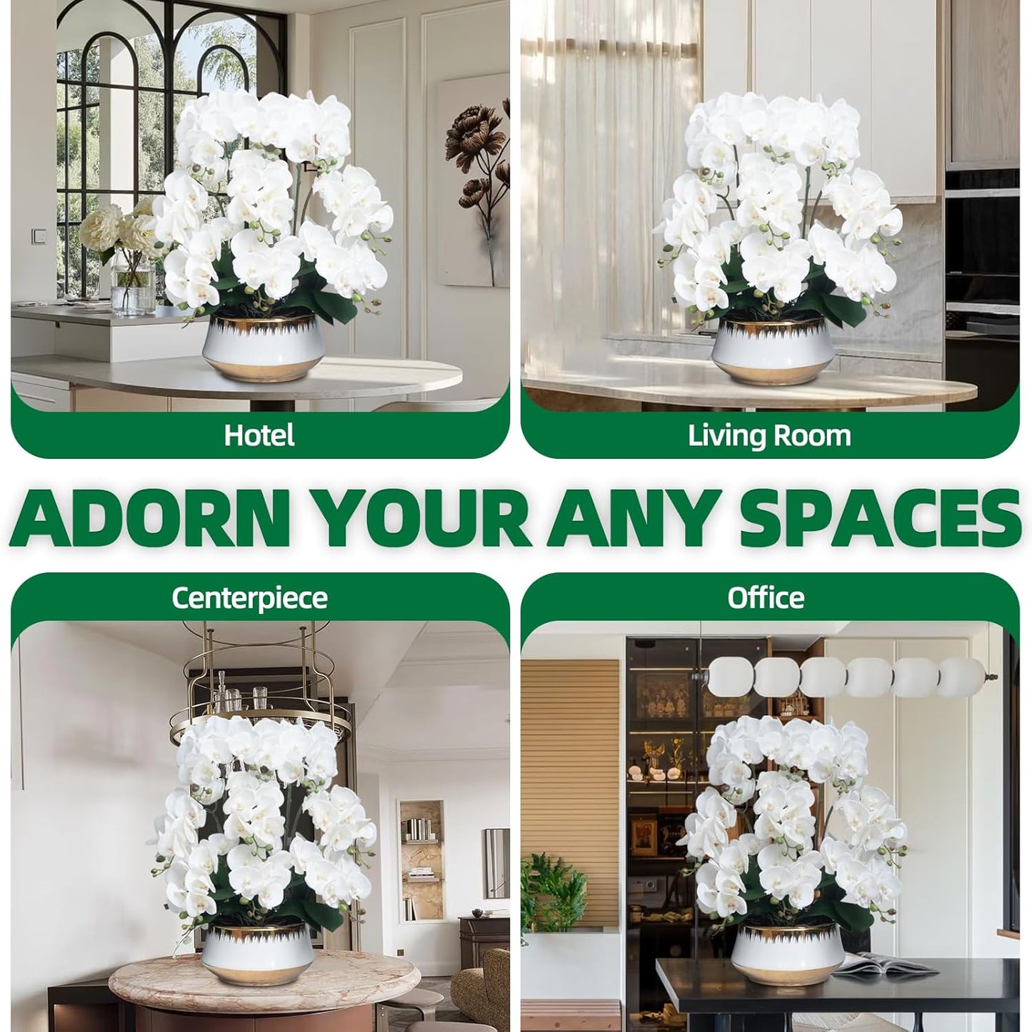 Orchids Artificial Flower Real Touch Fake Flowers in Large Ceramic Pot | 23.6 Inch White Orchid Large Faux Phalaenopsis Plant for Home Office Centerpiece Decor (9 Stems, Realistic Petals&Leaves)