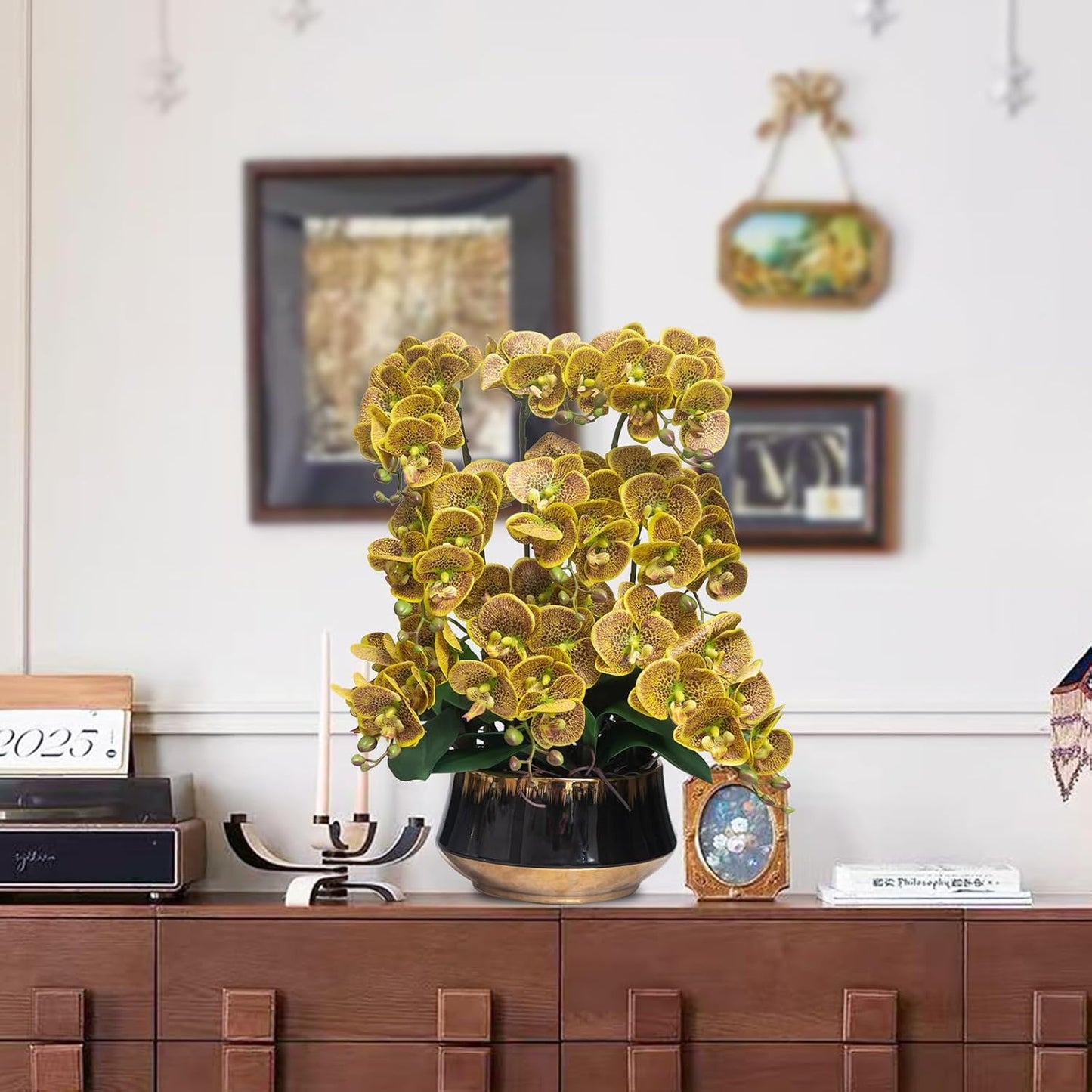 Orchids Artificial Flower Real Touch Fake Flowers in Large Ceramic Pot | 23.6 Inch White Orchid Large Faux Phalaenopsis Plant for Home Office Centerpiece Decor (9 Stems, Realistic Petals&Leaves)