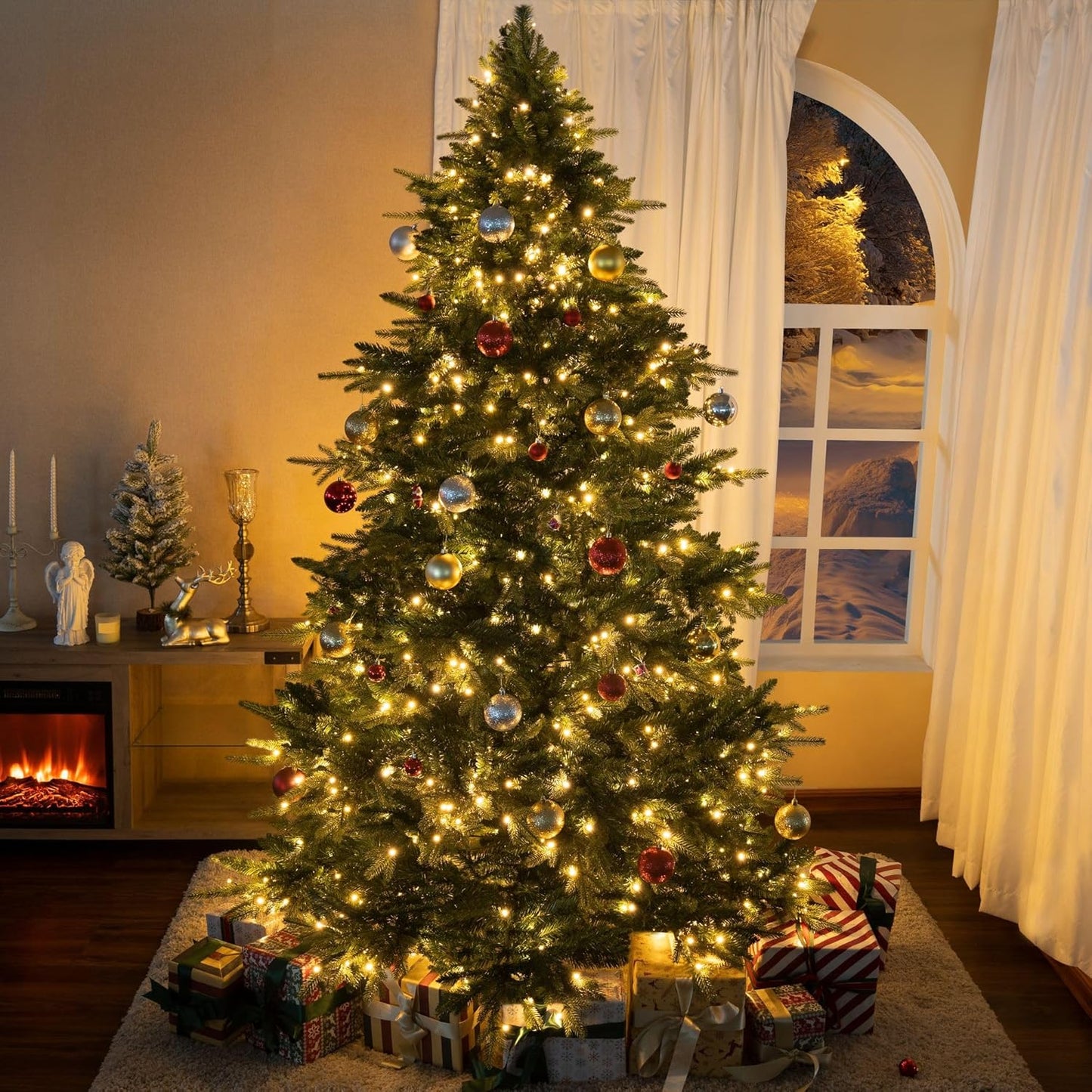 Cynthia 7.5ft Prelit Aritificial Christmas Tree with 3661 Branch Tips, 800 Warm Lights and Metal Stand, 60" Wide Realistic Rustic Christmas Tree with Lights