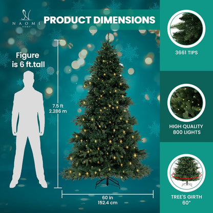 Cynthia 7.5ft Prelit Aritificial Christmas Tree with 3661 Branch Tips, 800 Warm Lights and Metal Stand, 60" Wide Realistic Rustic Christmas Tree with Lights