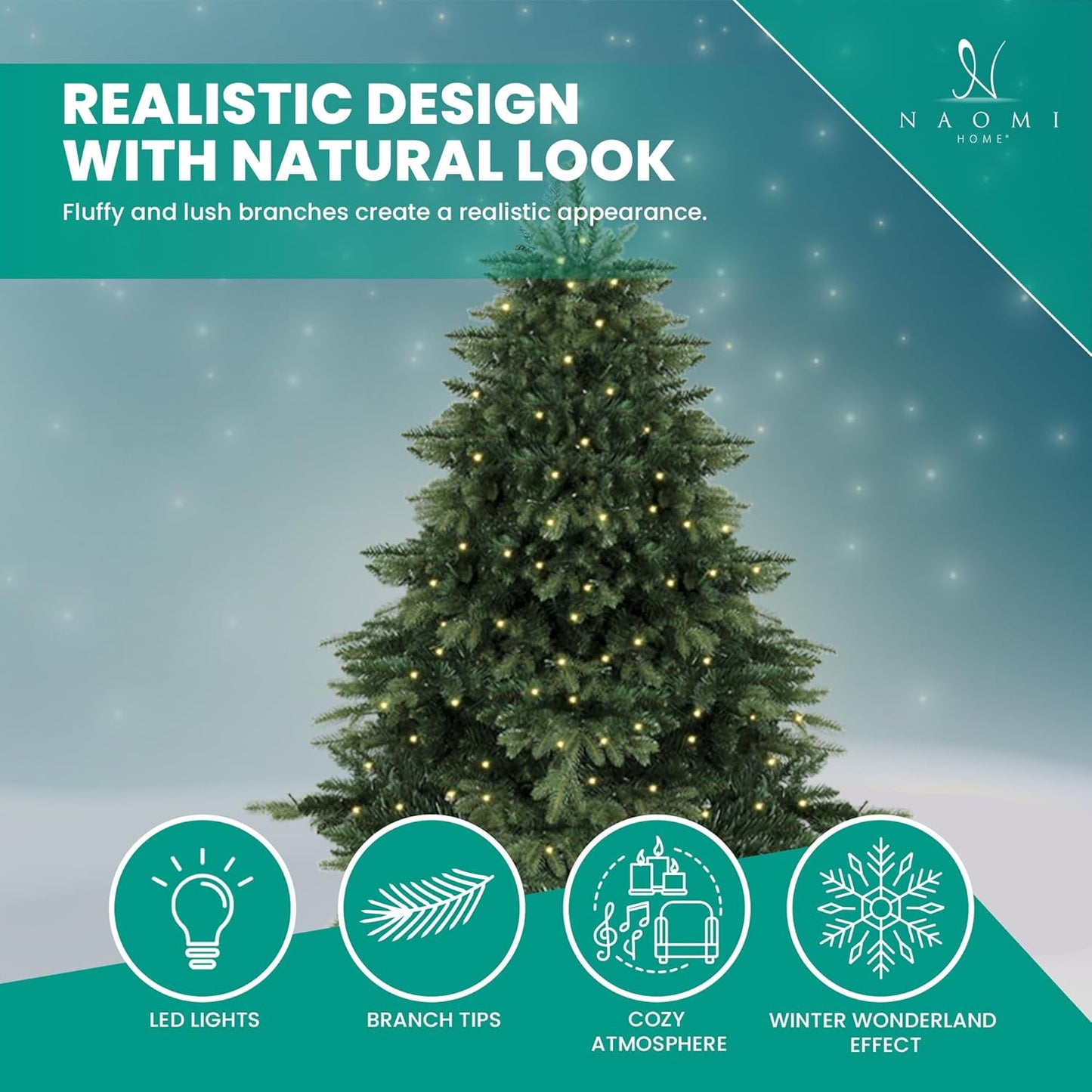 Cynthia 7.5ft Prelit Aritificial Christmas Tree with 3661 Branch Tips, 800 Warm Lights and Metal Stand, 60" Wide Realistic Rustic Christmas Tree with Lights