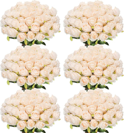 50 Pcs Artificial Rose Flower Bulk Realistic Silk Fake Roses with Long Stem Plastic Artificial Flower Bouquet Real Looking for Home Wedding Centerpieces Party Decoration(Beige Champagne)