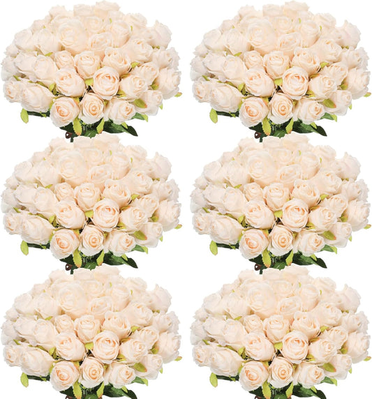 50 Pcs Artificial Rose Flower Bulk Realistic Silk Fake Roses with Long Stem Plastic Artificial Flower Bouquet Real Looking for Home Wedding Centerpieces Party Decoration(Beige Champagne)