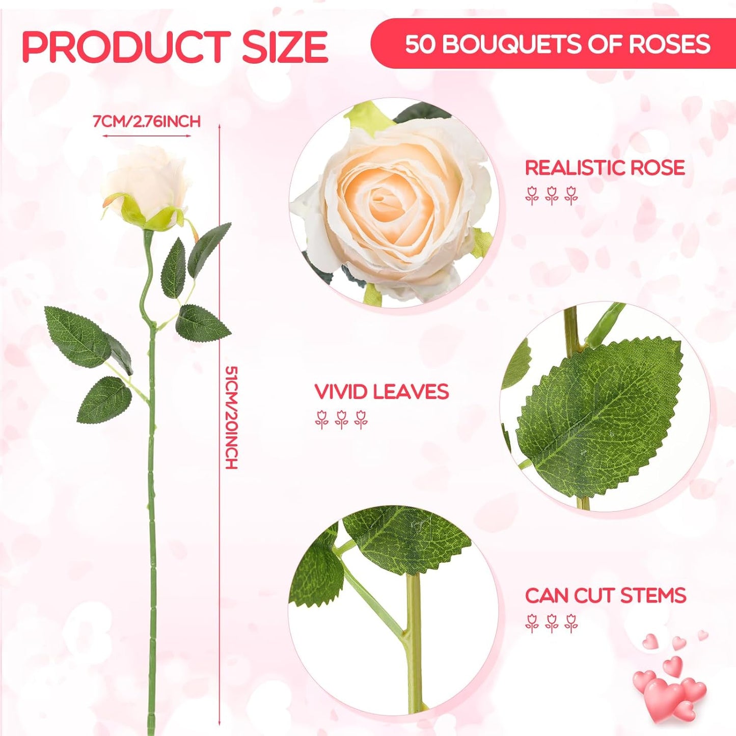 50 Pcs Artificial Rose Flower Bulk Realistic Silk Fake Roses with Long Stem Plastic Artificial Flower Bouquet Real Looking for Home Wedding Centerpieces Party Decoration(Beige Champagne)