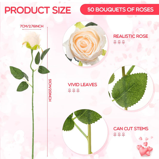 50 Pcs Artificial Rose Flower Bulk Realistic Silk Fake Roses with Long Stem Plastic Artificial Flower Bouquet Real Looking for Home Wedding Centerpieces Party Decoration(Beige Champagne)