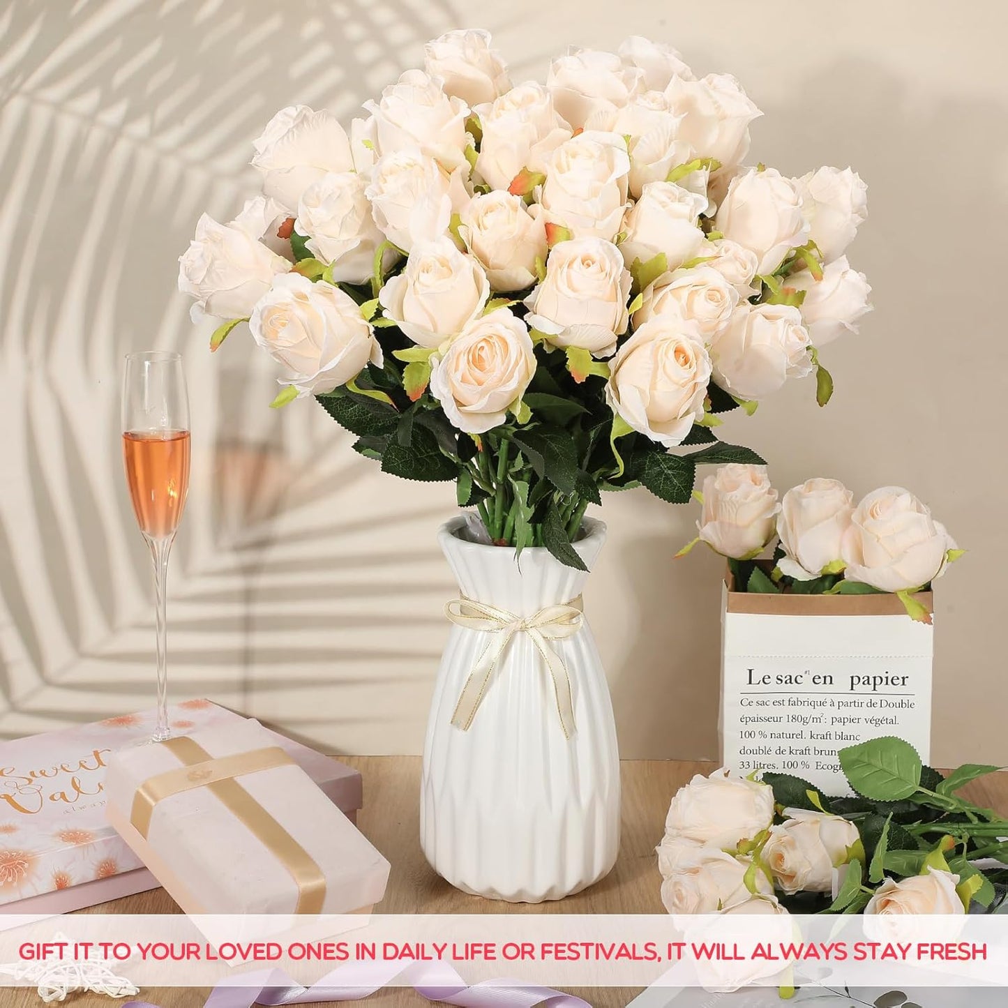 50 Pcs Artificial Rose Flower Bulk Realistic Silk Fake Roses with Long Stem Plastic Artificial Flower Bouquet Real Looking for Home Wedding Centerpieces Party Decoration(Beige Champagne)