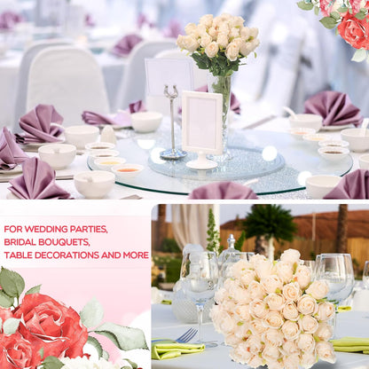 50 Pcs Artificial Rose Flower Bulk Realistic Silk Fake Roses with Long Stem Plastic Artificial Flower Bouquet Real Looking for Home Wedding Centerpieces Party Decoration(Beige Champagne)