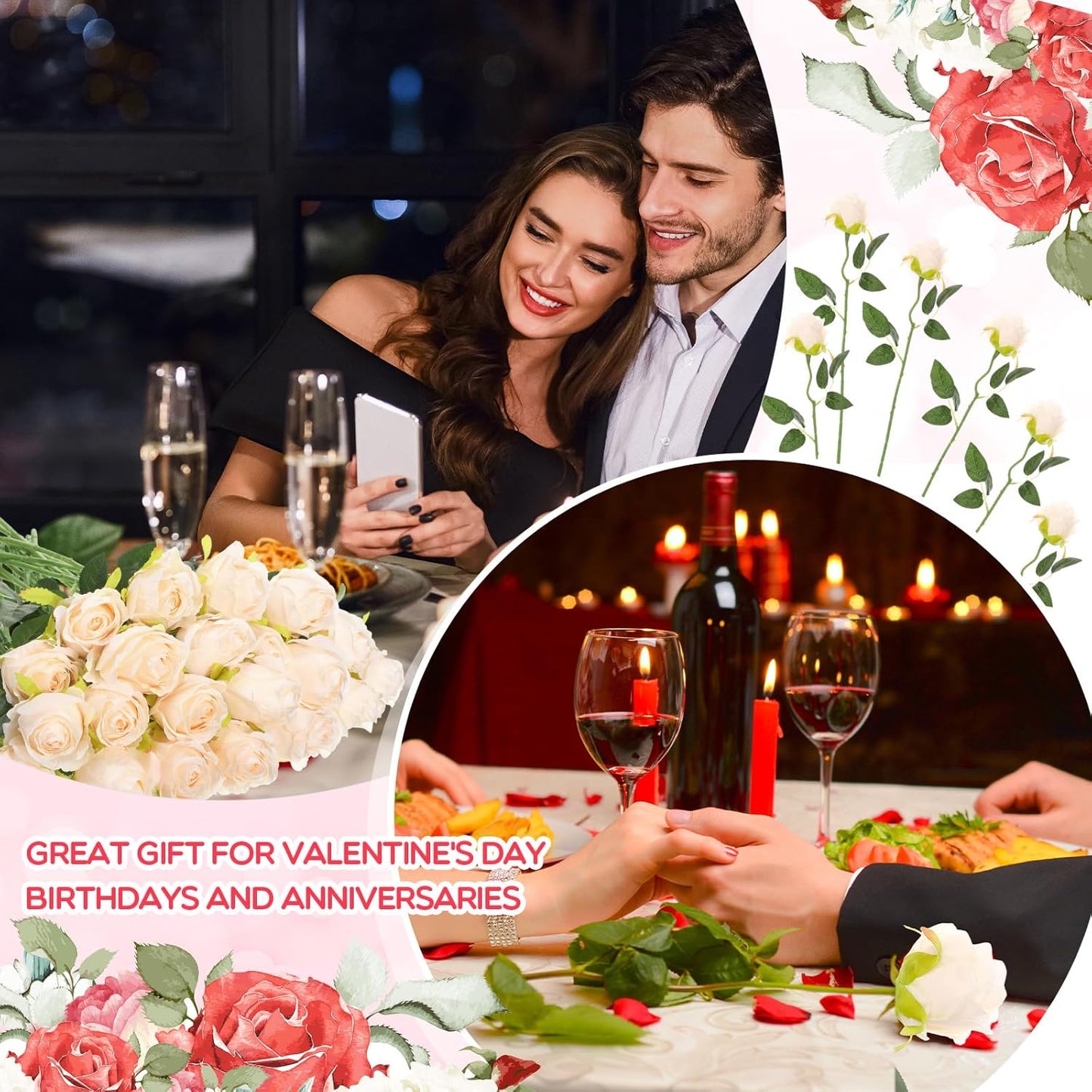 50 Pcs Artificial Rose Flower Bulk Realistic Silk Fake Roses with Long Stem Plastic Artificial Flower Bouquet Real Looking for Home Wedding Centerpieces Party Decoration(Beige Champagne)