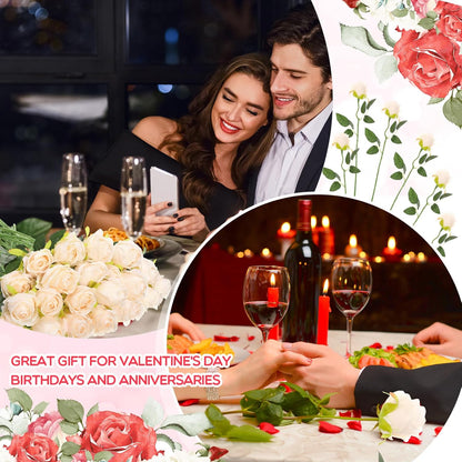 50 Pcs Artificial Rose Flower Bulk Realistic Silk Fake Roses with Long Stem Plastic Artificial Flower Bouquet Real Looking for Home Wedding Centerpieces Party Decoration(Beige Champagne)