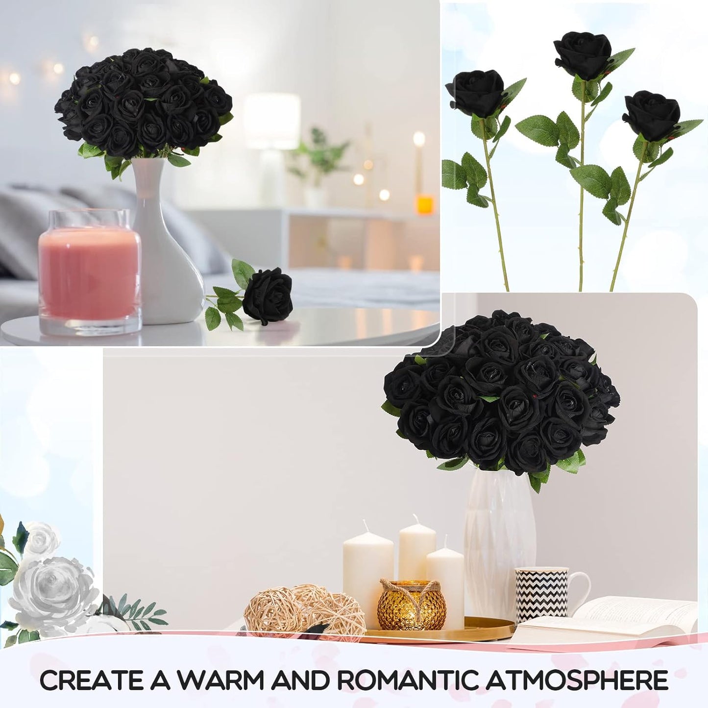 50 Pcs Artificial Rose Flower Bulk Realistic Silk Fake Roses with Long Stem Plastic Artificial Flower Bouquet Real Looking for Home Wedding Centerpieces Party Decoration(Beige Champagne)