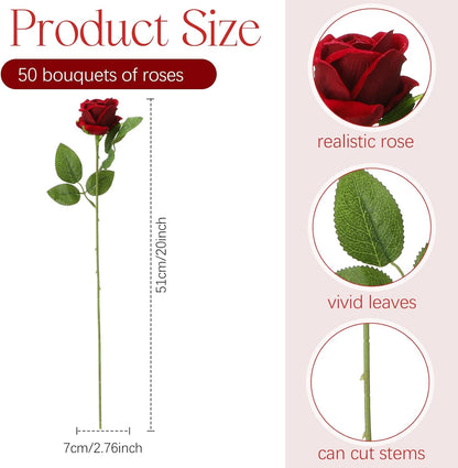 50 Pcs Artificial Rose Flower Bulk Realistic Silk Fake Roses with Long Stem Plastic Artificial Flower Bouquet Real Looking for Home Wedding Centerpieces Party Decoration(Beige Champagne)