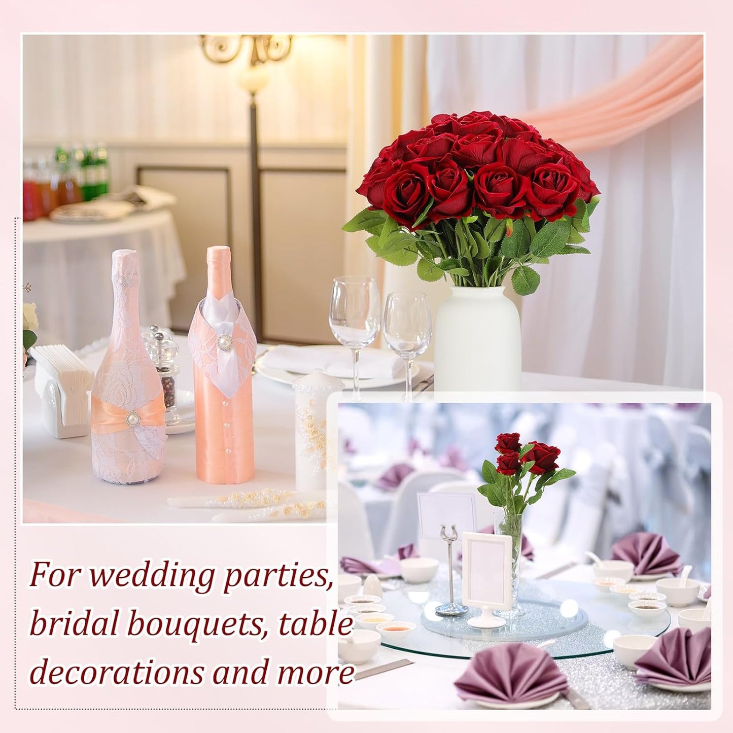 50 Pcs Artificial Rose Flower Bulk Realistic Silk Fake Roses with Long Stem Plastic Artificial Flower Bouquet Real Looking for Home Wedding Centerpieces Party Decoration(Beige Champagne)