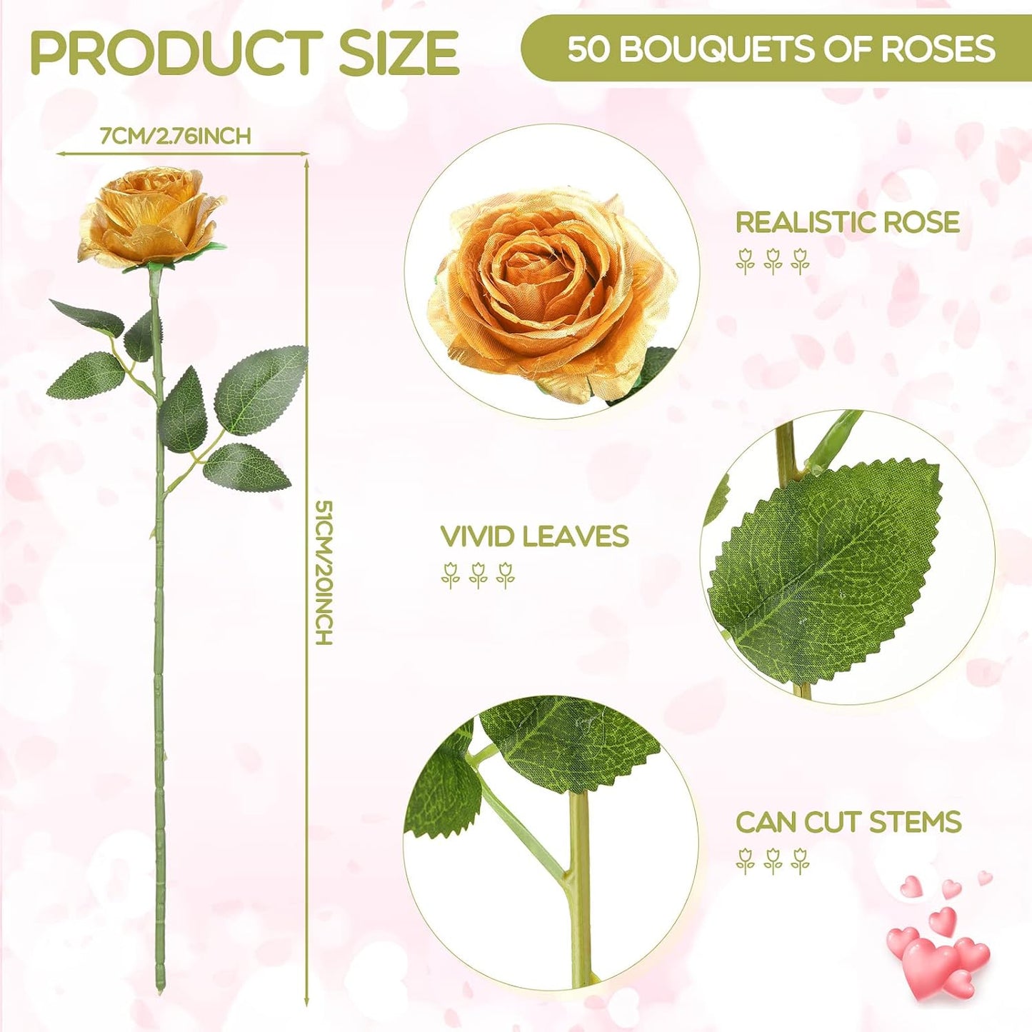 50 Pcs Artificial Rose Flower Bulk Realistic Silk Fake Roses with Long Stem Plastic Artificial Flower Bouquet Real Looking for Home Wedding Centerpieces Party Decoration(Beige Champagne)