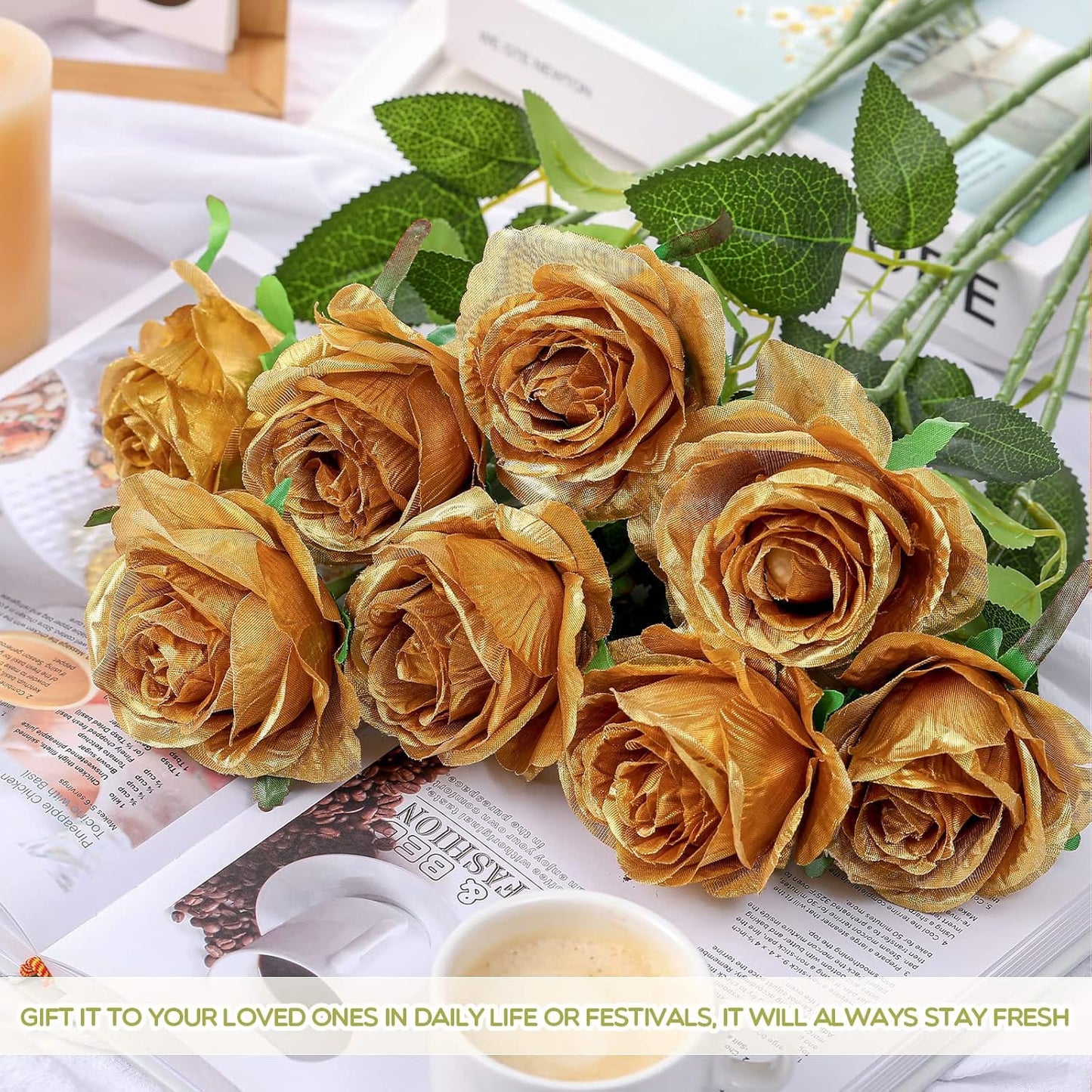 50 Pcs Artificial Rose Flower Bulk Realistic Silk Fake Roses with Long Stem Plastic Artificial Flower Bouquet Real Looking for Home Wedding Centerpieces Party Decoration(Beige Champagne)
