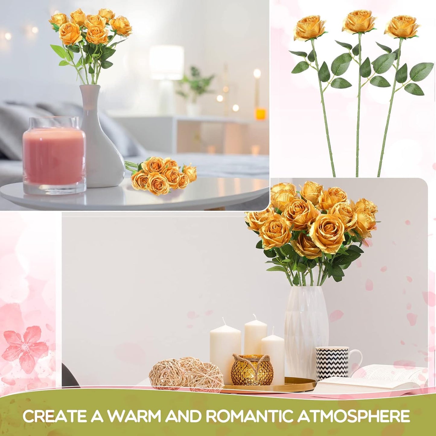 50 Pcs Artificial Rose Flower Bulk Realistic Silk Fake Roses with Long Stem Plastic Artificial Flower Bouquet Real Looking for Home Wedding Centerpieces Party Decoration(Beige Champagne)
